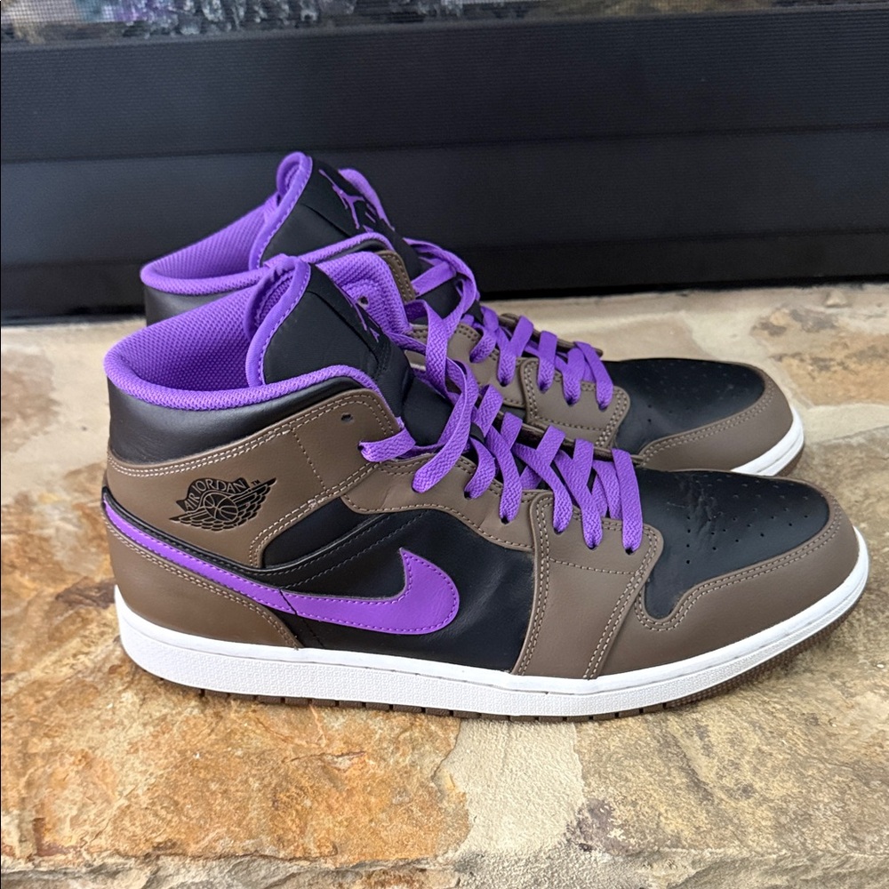 Jordan 1 Mids Brown and Purple High-Top Sneakers - Picture 3 of 4
